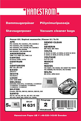 Dammsugarpåsar AFK, Andersson, Canvac, Elvita, Volta, Nilfisk mm.